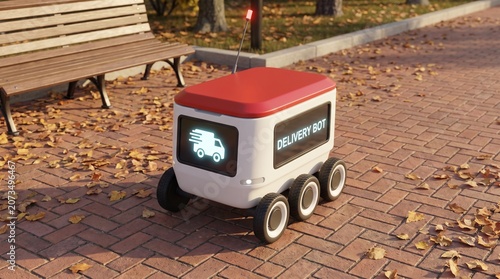 Autonomous delivery bot on park sidewalk, white and red robotic courier for food and parcels, smart automated delivery robot navigating urban path