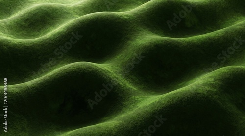 Microscopic green organic texture, abstract biological cell surface, wavy mossy terrain background with soft lighting and velvet texture