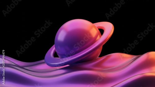 Futuristic 3D planet with rings on wavy liquid surface, abstract cosmic sphere in purple and pink neon colors, glossy celestial body floating on silk waves