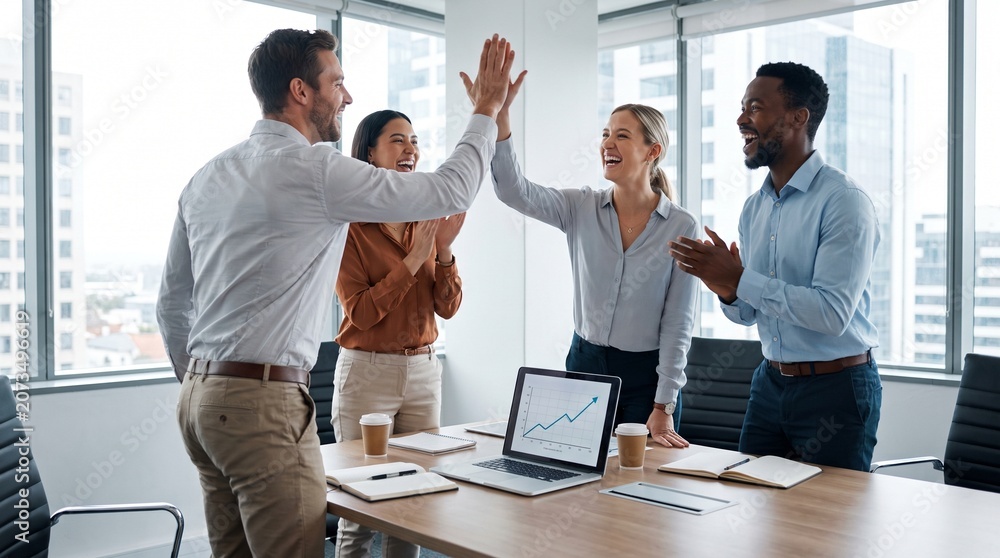 Obraz premium Diverse business team celebrating success with high-fives and applause in a modern office meeting room.