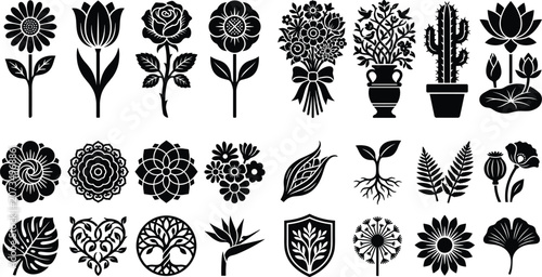 Set of Decorative Floral and Botanical Silhouette Icons