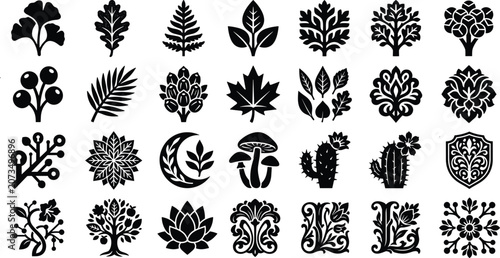 Set of Botanical Ornaments and Nature Silhouette Icons