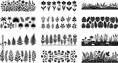 Set of Botanical Borders and Floral Silhouette Elements