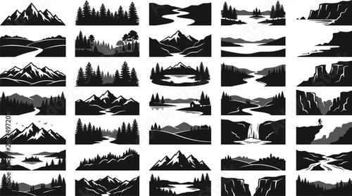 Black and white of various types of houses and buildings simple architectural minimalist monochrome geometric shapes
