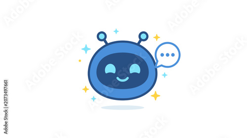 Smiling Blue Robot Face with Bubbles.