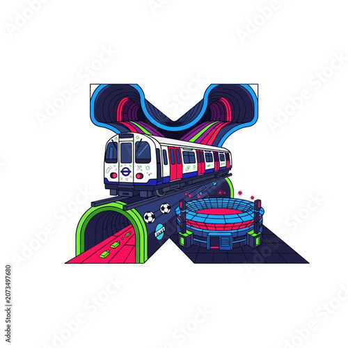 A colorful digital illustration of a train inside a tunnel