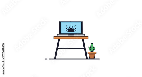 A modern laptop sits on a wooden desk with a plant