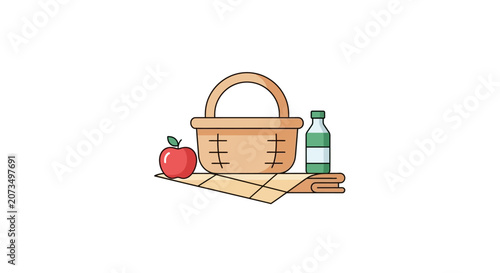 A simple picnic basket with a fresh red apple and drink