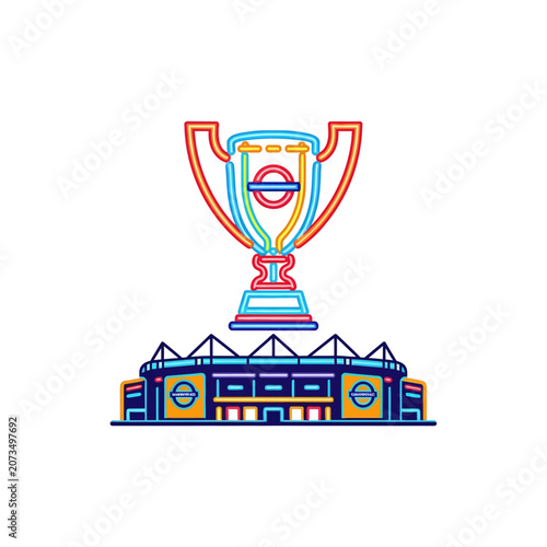 A glowing neon trophy sits above a modern sports stadium arena