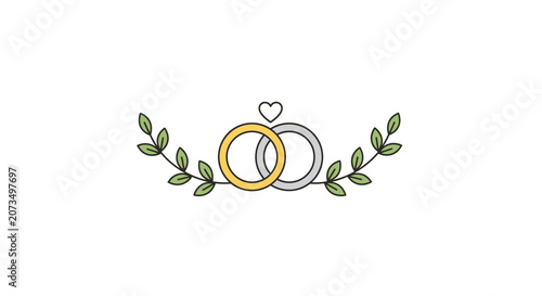 Two interlocking rings are decorated with a small green leaf wreath