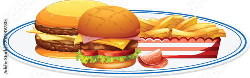 Fotografie Two delicious savory beef burgers served with crispy golden french fries on a wh