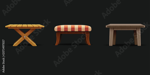 Photos Three distinct wooden furniture pieces including a foldable table a cushioned ot