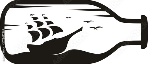 Foto Minimalist black and white graphic illustration featuring a vintage sailing ship