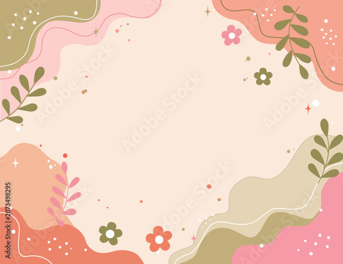 Trendy Abstract Abstract Curvy Shapes Instagram Post Template, Soft Natural Colors, Plant Line Art Vector. A stylish and trendy vector template for Instagram posts or square flyers. Features a modern 