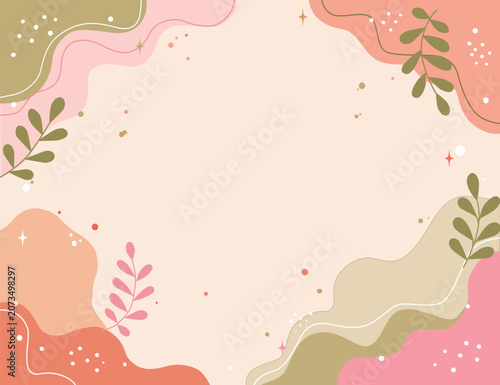 Trendy Abstract Abstract Curvy Shapes Instagram Post Template, Soft Natural Colors, Plant Line Art Vector. A stylish and trendy vector template for Instagram posts or square flyers. Features a modern 