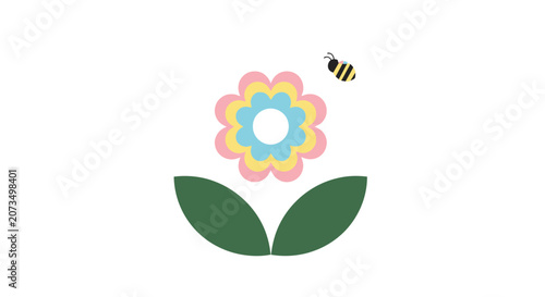 A small flying insect hovers near a colorful stylized flower