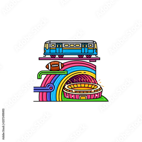 A colorful illustration showing a train and a sports stadium