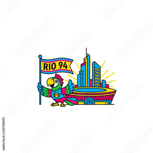 A colorful cartoon parrot stands before a modern city skyline