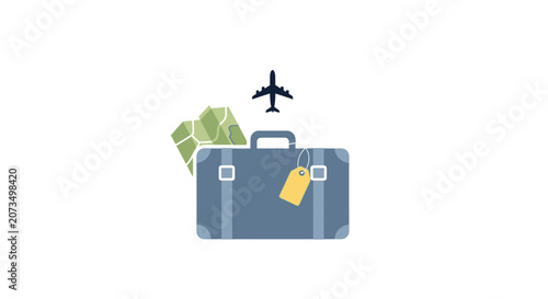 A flat vector illustration of a travel suitcase and airplane