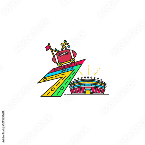 A stylized illustration of a sports stadium and a game ball
