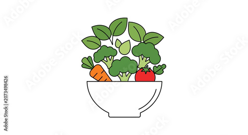 A simple illustration of a bowl filled with fresh garden vegetables
