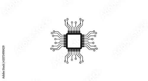 A black digital microchip icon is centered on a white background