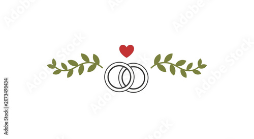 Two interlocking rings are decorated with green leaves and a heart