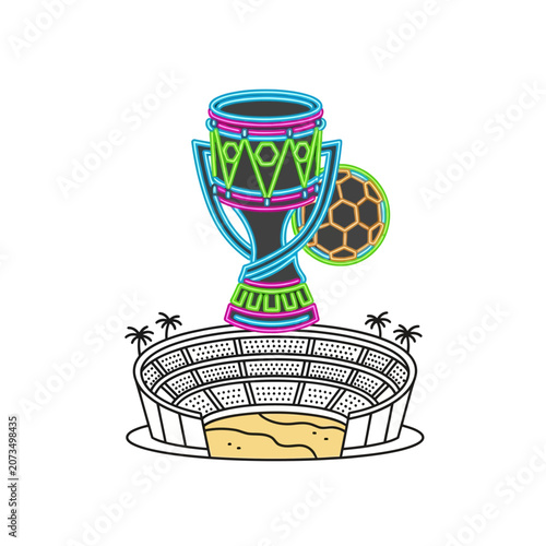 A glowing neon trophy sits above a large sports stadium arena