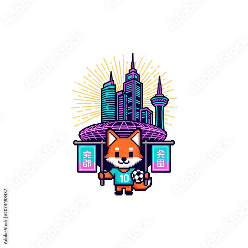 A pixel art fox athlete stands before a vibrant city skyline