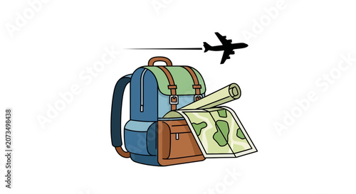A colorful backpack with a paper map and a flying airplane icon