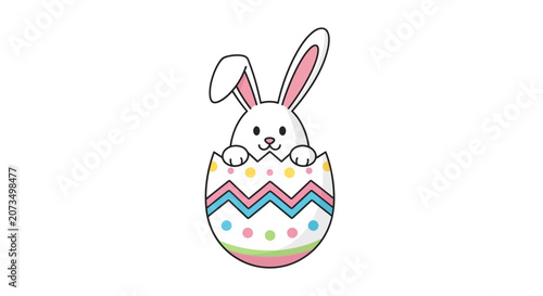 A cute white rabbit peeking out from a colorful decorated egg