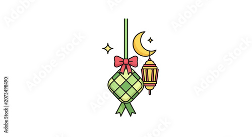 A decorative hanging ornament with a crescent moon and lantern