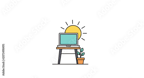A simple laptop sits on a wooden desk with a bright sun