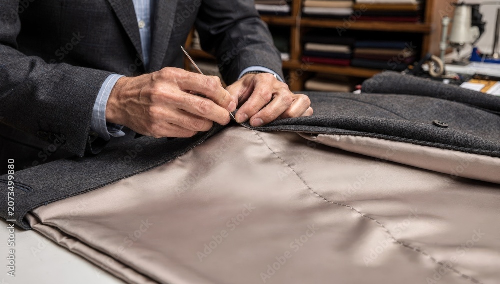 Fototapeta premium Medium shot of a tailor sewing a jacket lining focusing on precise stitching and smooth fabric application for a polished comfortable interior finish.