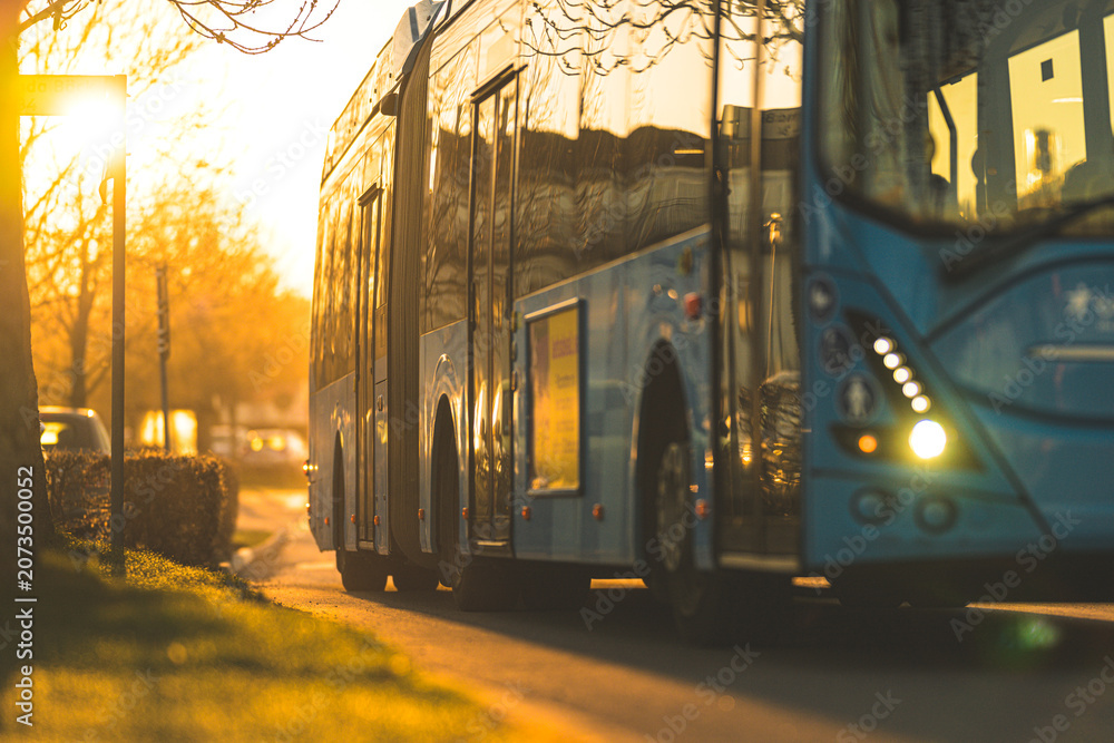 Obraz premium Close side view of articulated city bus driving through suburban street during sunrise light.