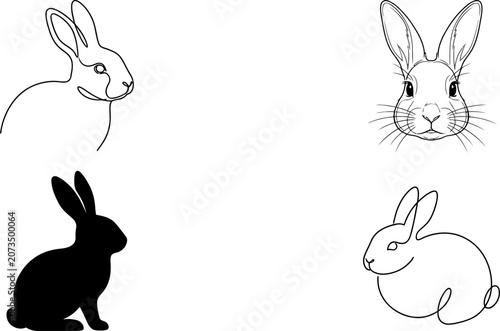 Rabbit Outline and Silhouette Illustration Collection Featuring Cute Bunny Wildlife Pet Animal Vector Set