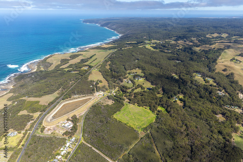 Marengo aerial view of coastal landscape and rural properties and bushland, Victoria Australia