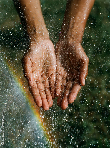 hands with a water hose in a garden, sunlit water droplets suspended in the air, rainbow in the mist, lush grass background, childhood nostalgia,
