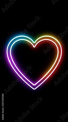 Glowing Rainbow Neon Heart on Black Background - Vertical Valentines Day Loop Overlay