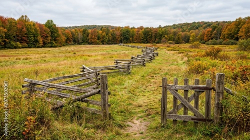 Split rail fence in an autumn field with a wooden gate. Traditional country landscape with vibrant fall foliage and meadow. Rustic farmland scenery for outdoor travel and nature concept.