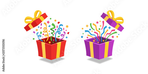 Two open gift boxes with colorful confetti stars and streamers bursting out with shadow isolated on white background. Open gift box depicting confetti exploding for a celebration. Vector illustration.