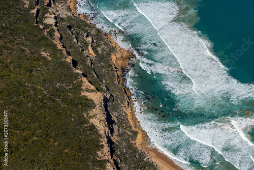 Princetown aerial view of cliffs and coastal vegetation and rock formations, Victoria Australia