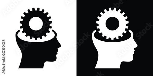 Quadro su tela Human head silhouette with a gear icon inside, symbolizing logical thinking, brain mechanics, and problem-solving