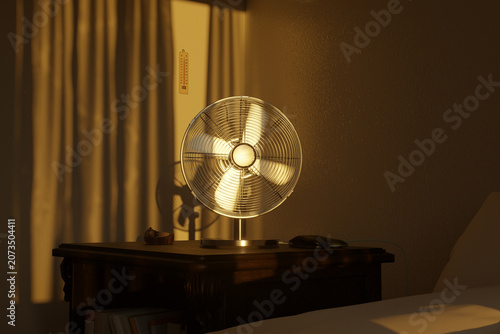 3d rendering of an electric fan in the evening sunlight. Concept tropical heat