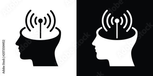 Tableau sur toile Human head profile with a broadcasting antenna icon, representing communication, mindset signals, and telepathy concepts