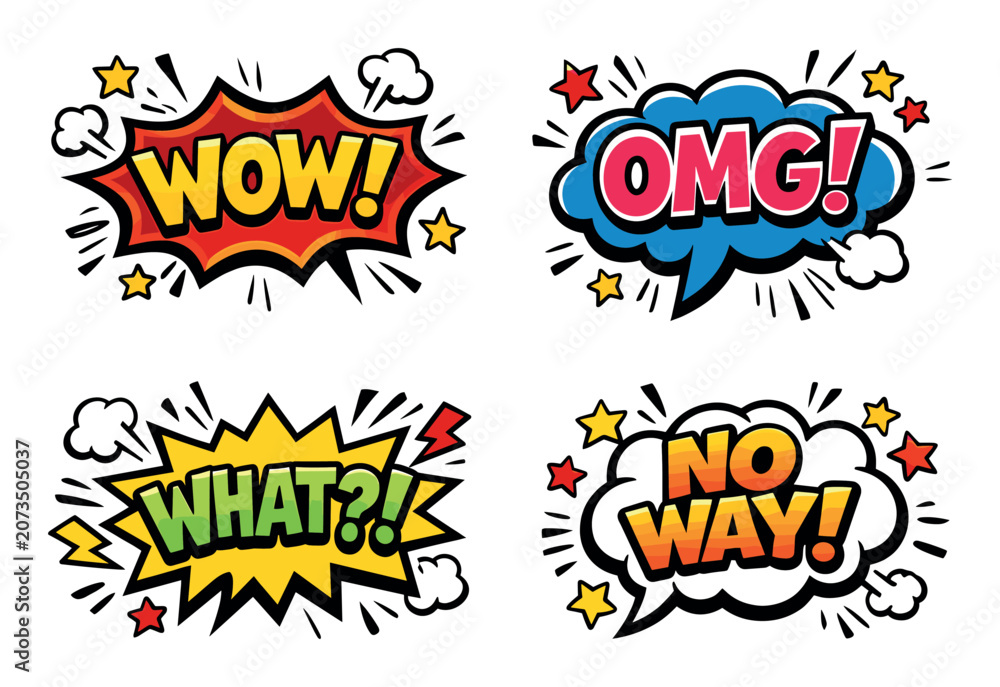 Fototapeta premium Displaying comic-book speech bubbles shouting WOW!, OMG!, WHAT?!, and NO WAY! in pop-art style