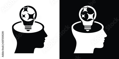 Quadro su tela Profile of a human head with a sparkling light bulb inside, representing bright ideas, creative inspiration, and sudden realization