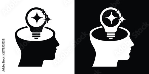 Quadro su tela Profile of a human head with a sparkling light bulb inside, representing bright ideas, creative inspiration, and sudden realization