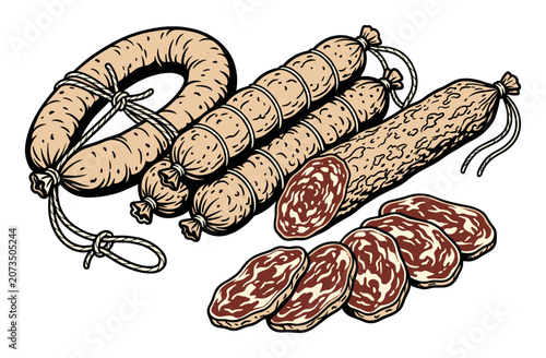Sausages and salami showcasing the art of charcuterie, presenting whole and sliced cured meats for deli concepts