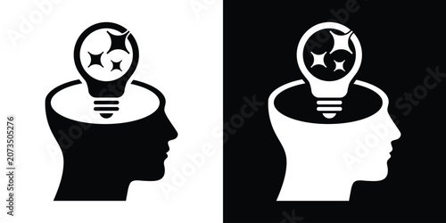 Obraz na plátně Profile of a human head with a sparkling light bulb inside, representing bright ideas, creative inspiration, and sudden realization
